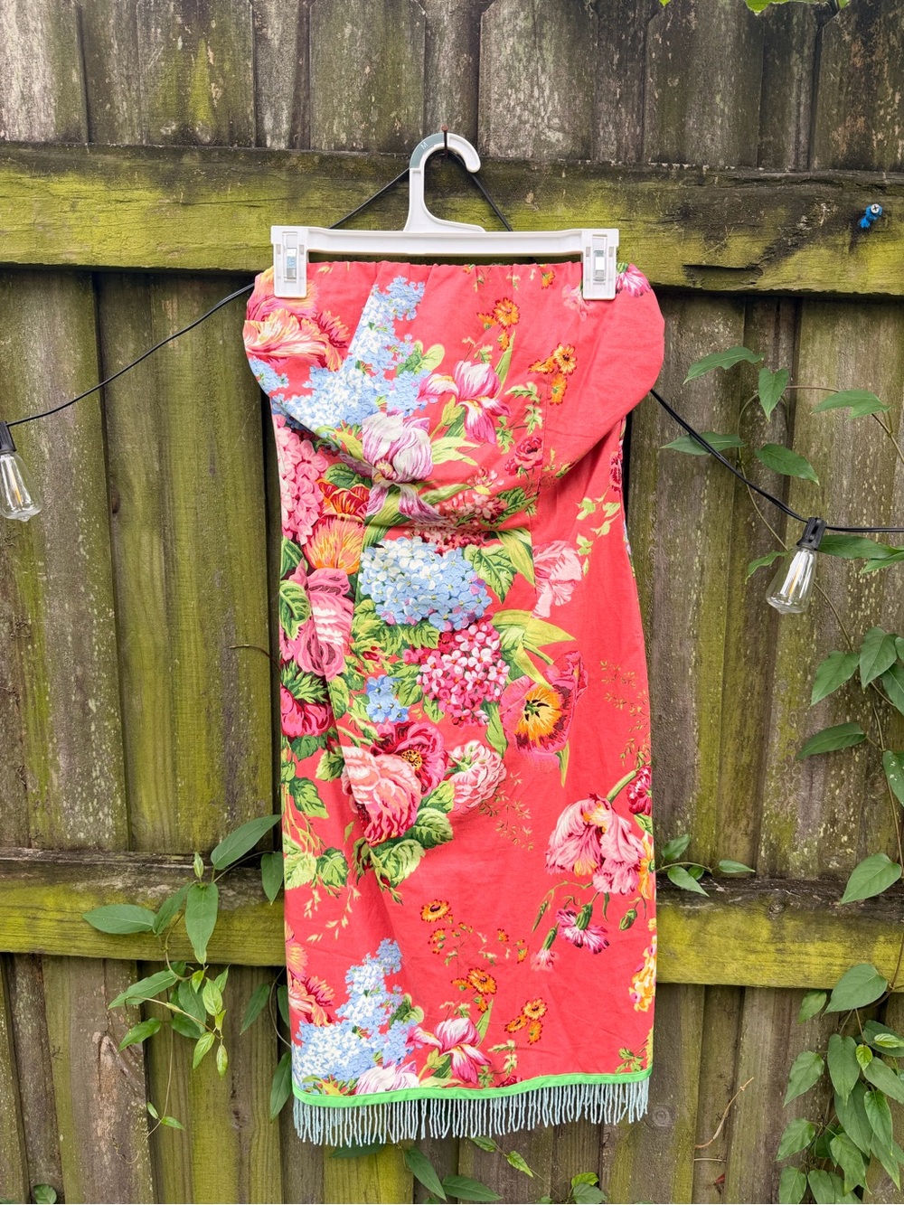 Cache coral floral Y2K floral strapless beaded fringe dress